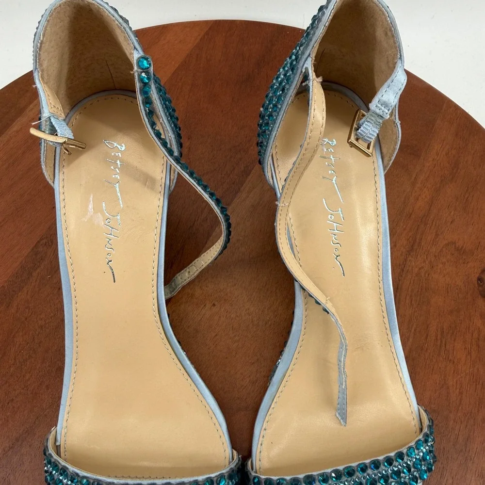 Betsey Johnson SB-DEBIE Wedge Sandals Womens Blue Rhinestone Crystal 9.5M